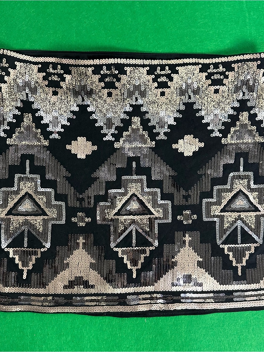 Express Black Mini Skirt with Silver Sequin Aztec Pattern